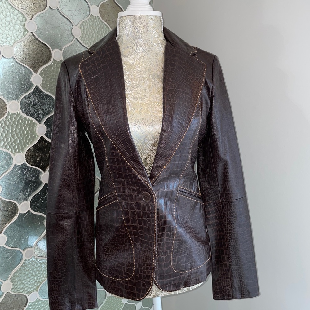 Cache Crocodile Embossed Brown Leather Blazer 2 - image 1